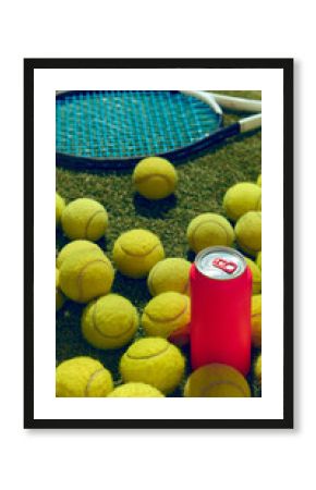 Closeup of blank pink can for mockup with tennis racket and tennis balls on grass. Concept of sports lifestyle, beverage advertising, editorial trends, and premium leisure branding.