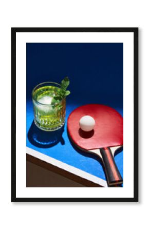 Green cocktail with ice and mint beside table tennis paddle and ball on blue background. Concept of alcohol advertising, sport lifestyle leisure, summer party branding and editorial use.