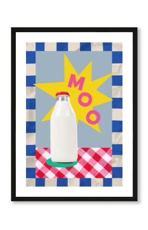 Trend artwork poster composite sketch image collage of retro style glass bottle milk cow moo poster hungry kitchen dinner cook meal
