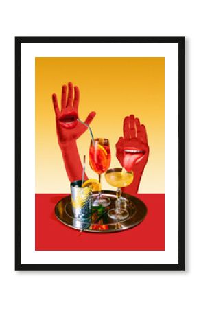 Abstract collage of cocktails with red surreal hands and playful mouths. Concept of surreal party art, nightlife creativity, club posters and digital moodboards.
