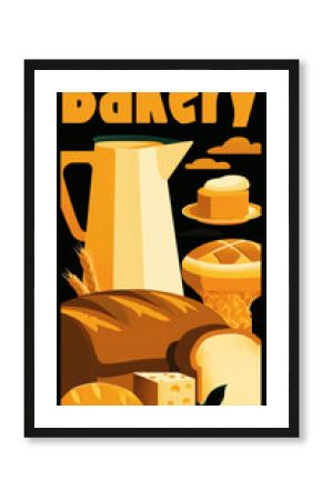 Poster for bakery, featuring bread, cheese, and milk, retro vector illustration with yellow palette, black background, orange checkered pattern, sourdough loaves, artisanal mozzarella, wheat elements