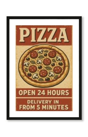 Vintage pizza poster open 24 hours delivery