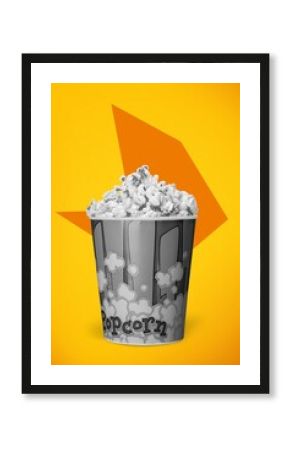 Creative collage with popcorn bucket on color background