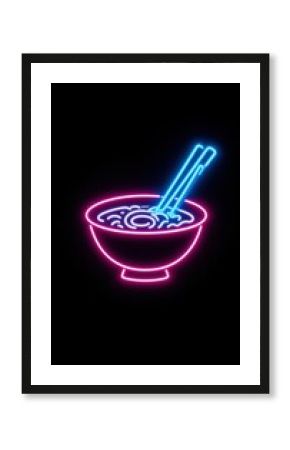 Vertical Neon Light Drawing of Ramen Bowl and Chopsticks on Black Background
