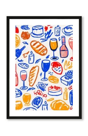 Wine and appetizers minimalist drawings. A drawing of simple doodles