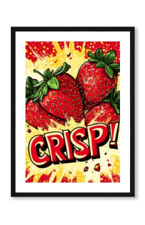 Bright pop art strawberry illustration with CRISP text explosion
