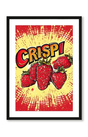 Pop art illustration with bright red strawberries and the word “CRISPI.” A burst of color and energy in retro comic style emphasizing freshness and flavor