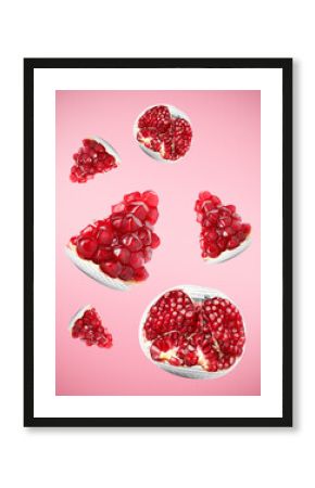 Pomegranate pieces with disco ball mirror facets on skin in air against pink gradient background
