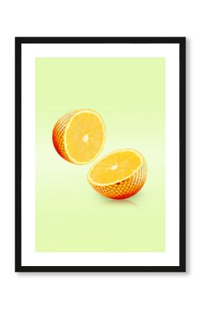 Disco ball with orange inside. Halves in air on yellow gradient background