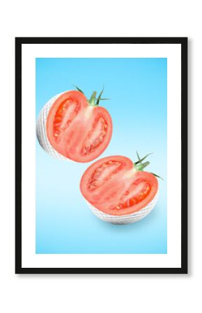 Disco ball with tomato inside. Halves in air on light blue gradient background