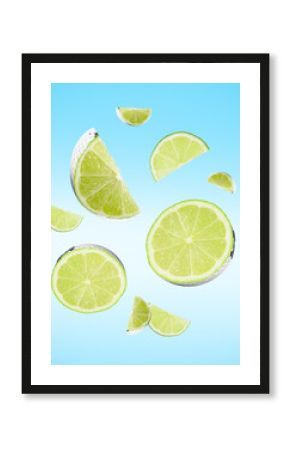 Lime pieces with disco ball mirror facets on skin in air against blue gradient background