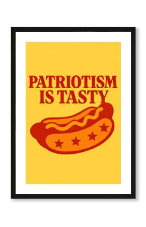 Patriotism Is Tasty! Iconic retro American hot dog art featuring bold patriotic stars & classic mustard on a vivid yellow background. Perfect for July 4th, U.S. national pride, summer BBQs,