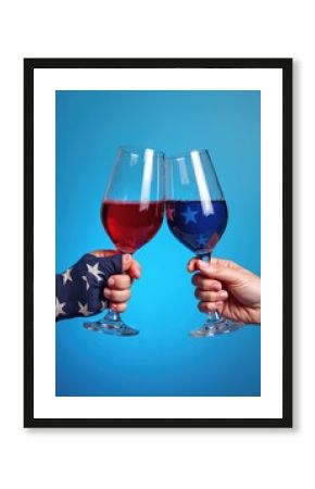 Hands hold wine glasses in toast, red and blue drinks clink. One arm wears stars and stripes fabric. Festive celebration of American holiday, patriotic unity, and freedom.