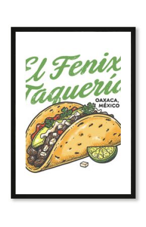 Classic Mexican Taco Engraving with Taqueria Logo Lettering, Oaxaca Mexico Street Food Illustration