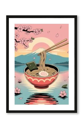 Vintage Floating Ramen Fuji Lake Poster Background