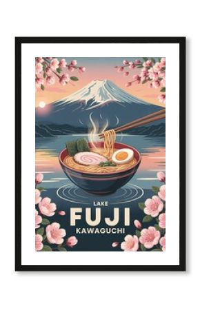 Retro Fuji Lake Ramen Blossom Poster
