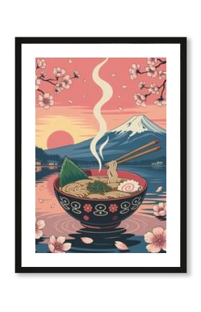 Cherry Blossom Ramen Over Fuji Vintage Art