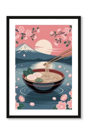 Surreal Ramen over Fuji Lake Vintage Poster