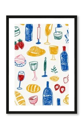 Wine and appetizers minimalist drawings. A drawing of simple doodles