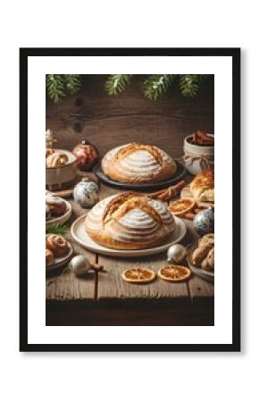 Warm rustic Christmas food background with natural wood texture, pine branches, and cozy farmhouse vibe. Perfect for organic holiday poster and eco-style designs