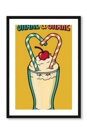 Retro illustration of a milkshake with two heart-shaped straws. Shake and share concept for a romantic date. Vintage pop art poster design with a sweet dessert