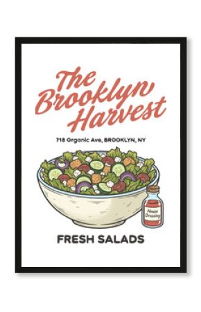 Hand-Drawn Fresh Salad Illustration with Dressing Bottle, Retro Logo Design for Brooklyn Organic Food Restaurant or Cafe Menu