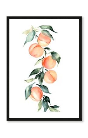 Watercolor Peach Branch Art Delicate Leaves Tattoo Style Minimalist Design Poster Card Banner