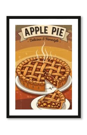Vintage style graphic advertises freshly baked lattice-top fruit dessert