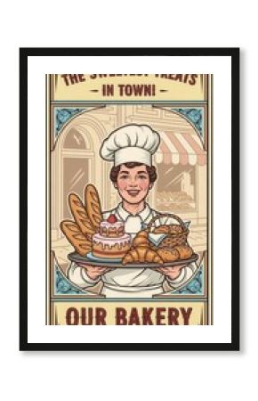 Vintage style promotional poster advertises baked goods offered by a smiling baker holding a tray of fresh products