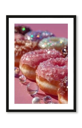 Funky New Year party background with flying glazed donuts, glitter sprinkles and disco balls in vibrant pink and purple colors.