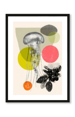 Jellyfish collage abstract circle shape retro color fruit botanical surreal underwater jellyfish collage abstract circle shape retro color fruit form playful composition modern art print