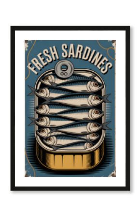 Fresh sardines illustration on vintage metal poster