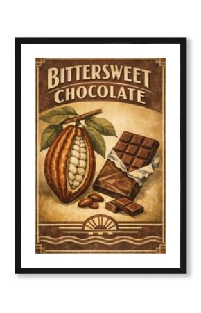 Bittersweet chocolate, illustration of a cocoa bean and bar