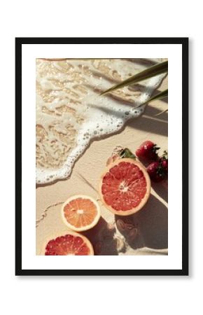 Photography of fruits on the beach, retro photography in sunset light, summer poster 