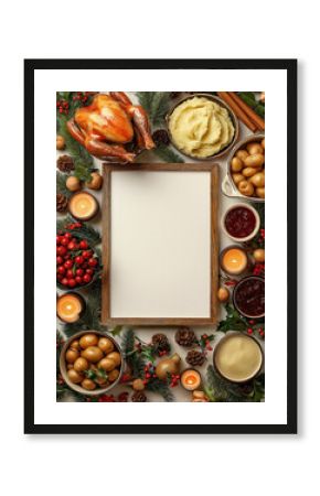 flat lay mock-up of a large white blank poster with a retro  thin wooden frame, including a roasted turkey with intricate textures, mashed potatoes, gravy, cranberry sauce, and festive sides