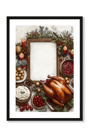 flat lay mock-up of a large white blank poster with a retro  thin wooden frame, including a roasted turkey with intricate textures, mashed potatoes, gravy, cranberry sauce, and festive sides