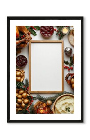 flat lay mock-up of a large white blank poster with a retro  thin wooden frame, including a roasted turkey with intricate textures, mashed potatoes, gravy, cranberry sauce, and festive sides