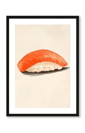 salmon sushi nigiri painting retro drawing style poster illustration, old fashioned vintage, japanese food art