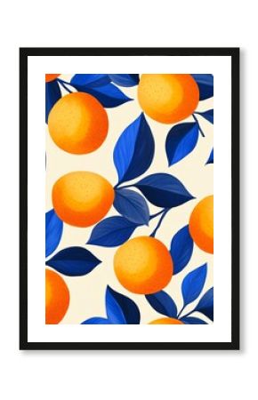 Retro fruit label poster featuring vibrant oranges and blue leaves with elegant typography on a cream background