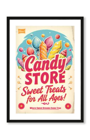 A cheerful, retro-style poster for a candy store, bursting with colorful sweets, lollipops, and candy canes, creating a playful, whimsical vibe that embodies the joy & excitement of classic candy shop