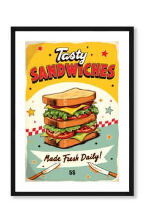 A mouthwatering, retro-style poster for a sandwich shop, featuring a delicious sandwich layered with fresh ingredients like lettuce, tomato, and cheese, surrounded by vibrant colors