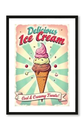 A vibrant, vintage-style poster promoting ice cream, with a playful and nostalgic feel, featuring colorful scoops of ice cream in a cone, surrounded by fun retro elements and pastel shades