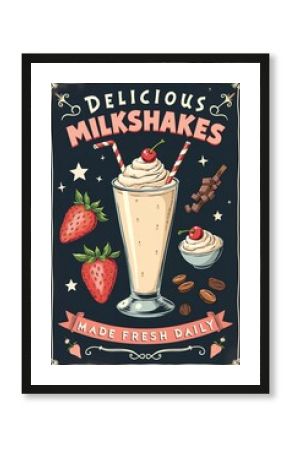 A vintage-style poster advertising milkshakes, designed with a chalkboard background for a retro diner feel