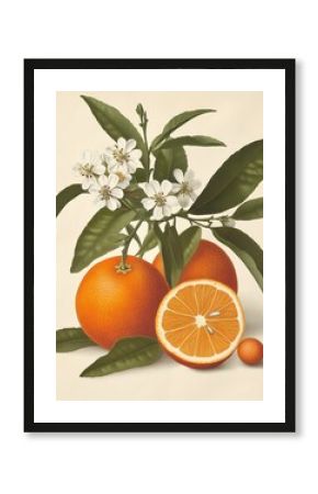 Vintage style botanical illustration: orange or citrus sinensis plant with fruits and flowers, victorian still life on creamy paper background