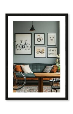 Gallery of posters above settee in spacious living room interior with bicycle, table and vintage furniture