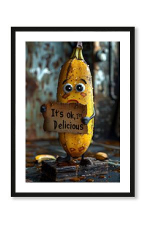 Banana with a sign that says Its OK, Im Delicious. The banana is holding the sign and he is sad