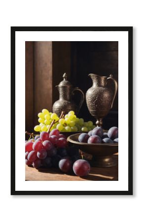 Still life in dark colors, grapes, plums, jug. Selective focus.