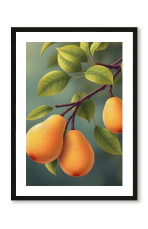 Branch with pears in retro style illustration, PNG, cinematic, with white tones