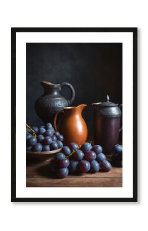 Still life in dark colors, grapes, plums, jug. Selective focus.