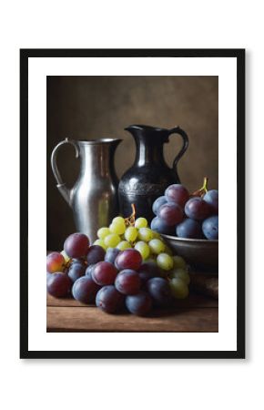 Still life in dark colors, grapes, plums, jug. Selective focus.